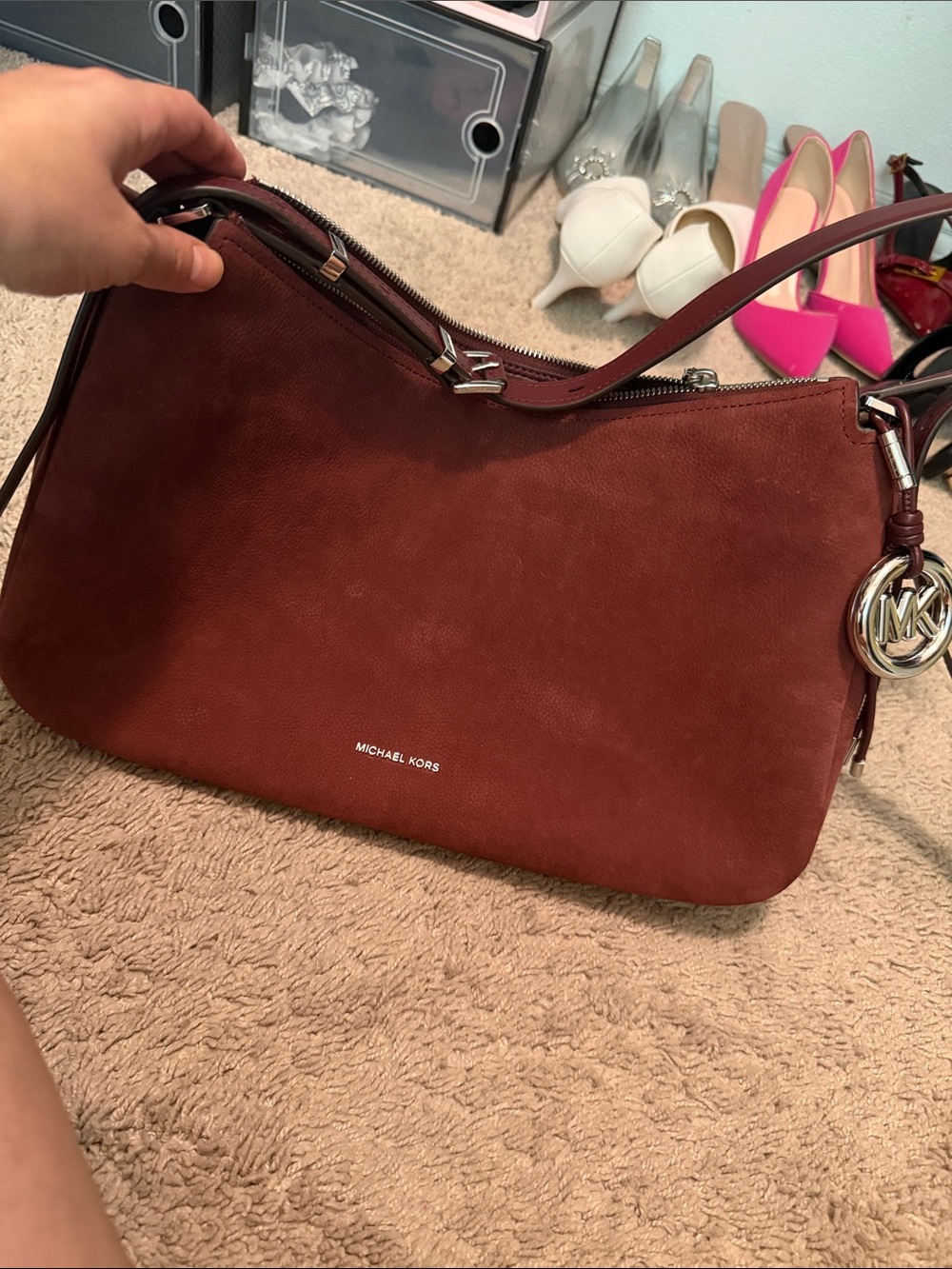 Michael Kors Shoulder Bag in Mahogany Brown with Silver-Tone Hardware
